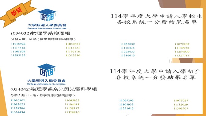 114學年度大學申請入學招生各校系統一分發結果名單-物理學系(另開新視窗)